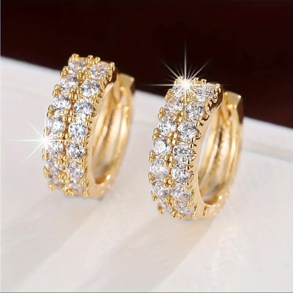 Gold Layered Double Row Pavé Huggie Hoop Earrings | Simulated Diamond | NWT